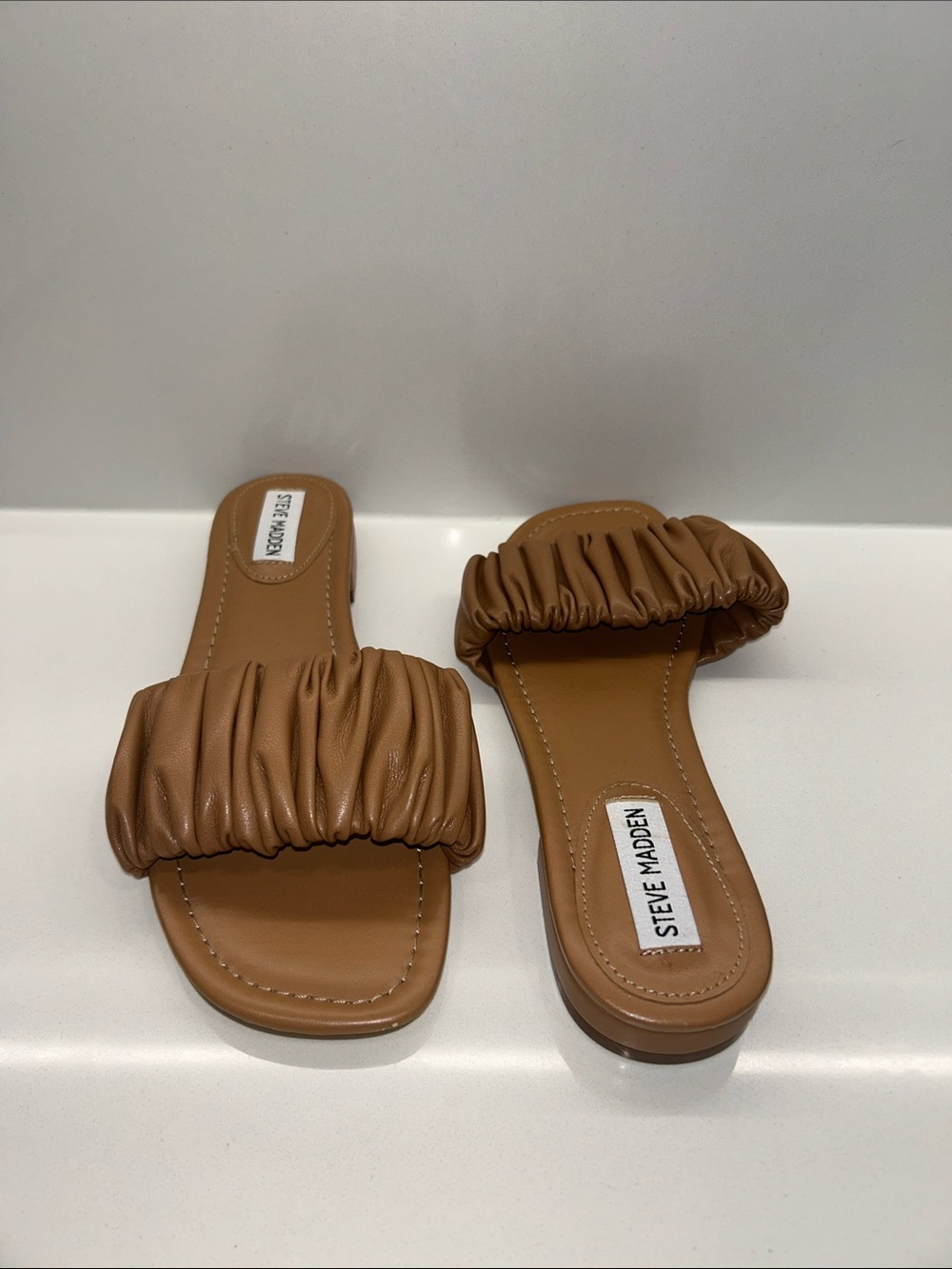 Steve Madden Tan Ruched Strap Slide Sandals - Delanee